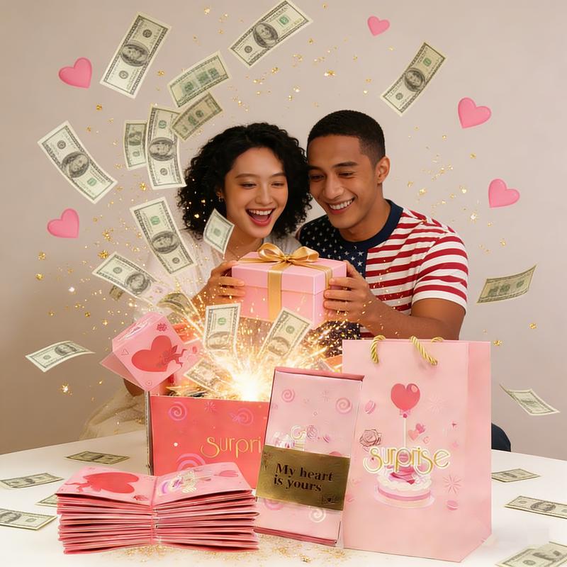 【Valentine's Day】Exploding Surprise Cash Gift Box, Valentine's Day Gift, Unique Foldable Pop-Up Red Envelope Gift Box, a luxurious gift box suitable for birthdays, anniversaries, Valentine's Day, proposals, and cash surprises.