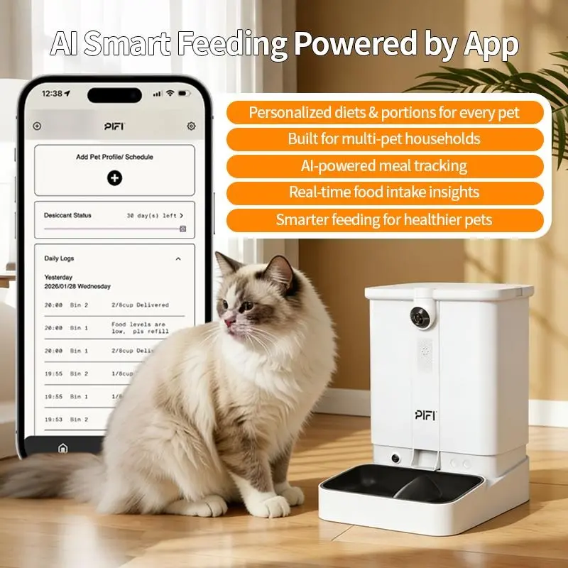 Automatic Cat Feeder Dog Feeder with 6L Dual Hopper, AI Recognition for Up to 3 Pets, 5/2.4 GHz WiFi App Control, 1080p Dual Cameras, Night Vision, 2-Way Audio, Dog Cat Feeding Supply