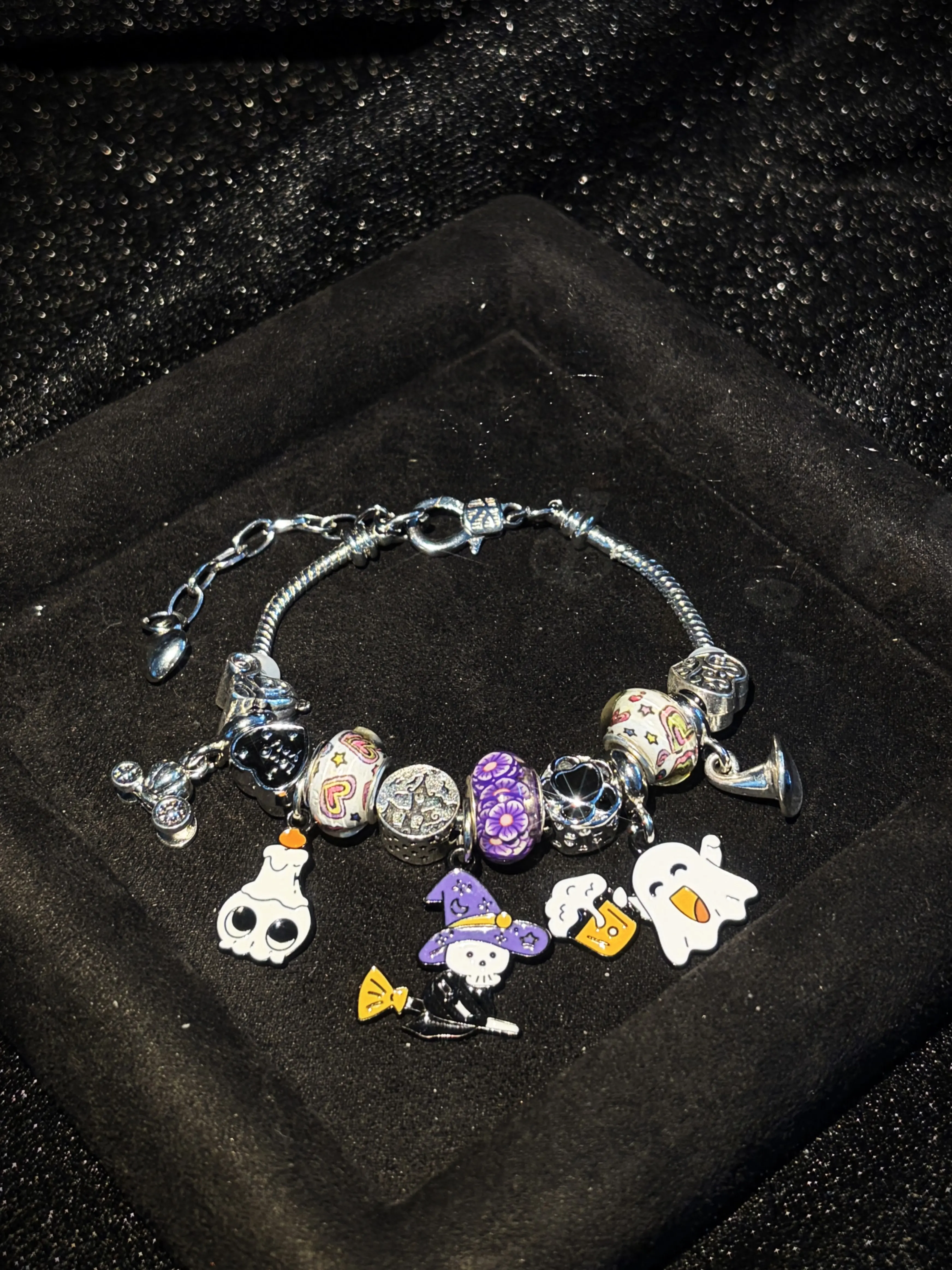 Spooky Cute Halloween Charm Bracelet, Silver Tone Snake Chain Bracelet, Witch Broom Ghost Skull Candle Enamel Dangle Charms, Fun Colorful Large Hole Beads, Halloween Party Costume Jewelry Gift for Her