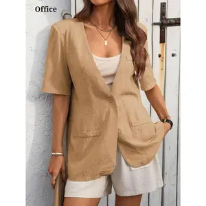 Mina Self 2026 Summer Women's Short Sleeve Linen Blend Blazer Jacket - Lightweight Breathable Collarless Casual Tops