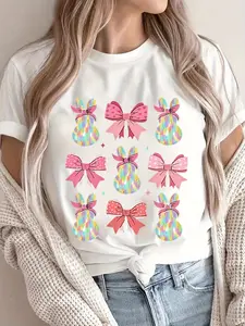 Plus Size - Easter Limited Edition Women'S Casual Short-Sleeved T-shirt-Bright Purple Geometric Egg and Bow Print, Soft Fabric, Comfortable for All Seasons, Machine Washable, Comfortable for Everyday Wear, Durable Festival Design