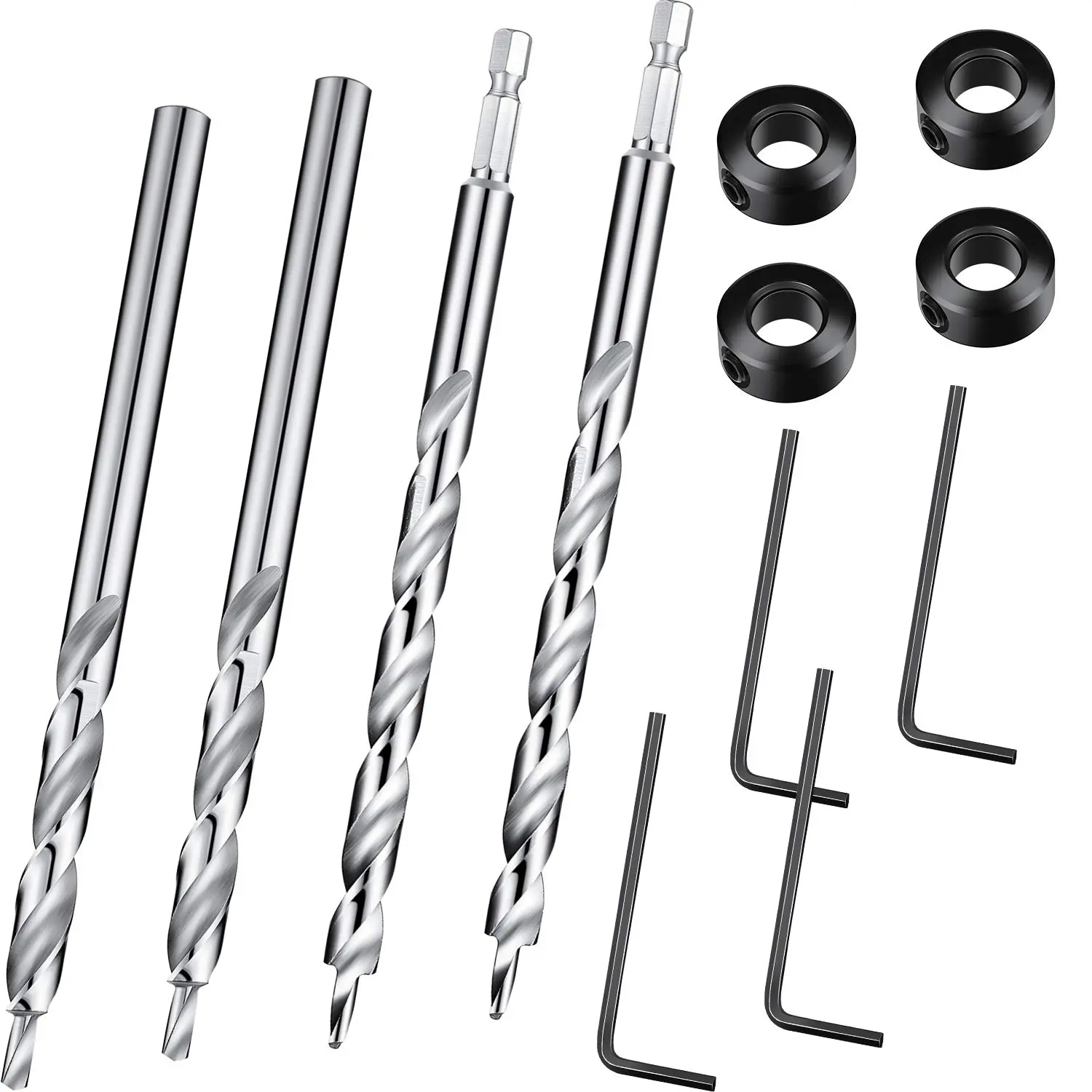 4-Piece 3/8 in Pocket Hole Drill Bit Set with Depth Stop Collar, 1/4 Hex Shank & Round Shank Replacement Twist Step Drills for Manual Pocket Hole Guide Jig Master System (6.3 in Length), 3/8 Inch, 4 Pieces
