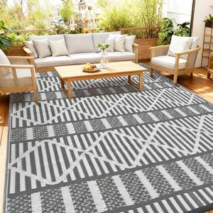 [GAOMON]Woven Outdoor Plastic Straw Rug for Garden Backyard Portable Foldable Carpet Easy Care Picnic Mat Modern Leaves Woven Rugs Grey White 8x10ft