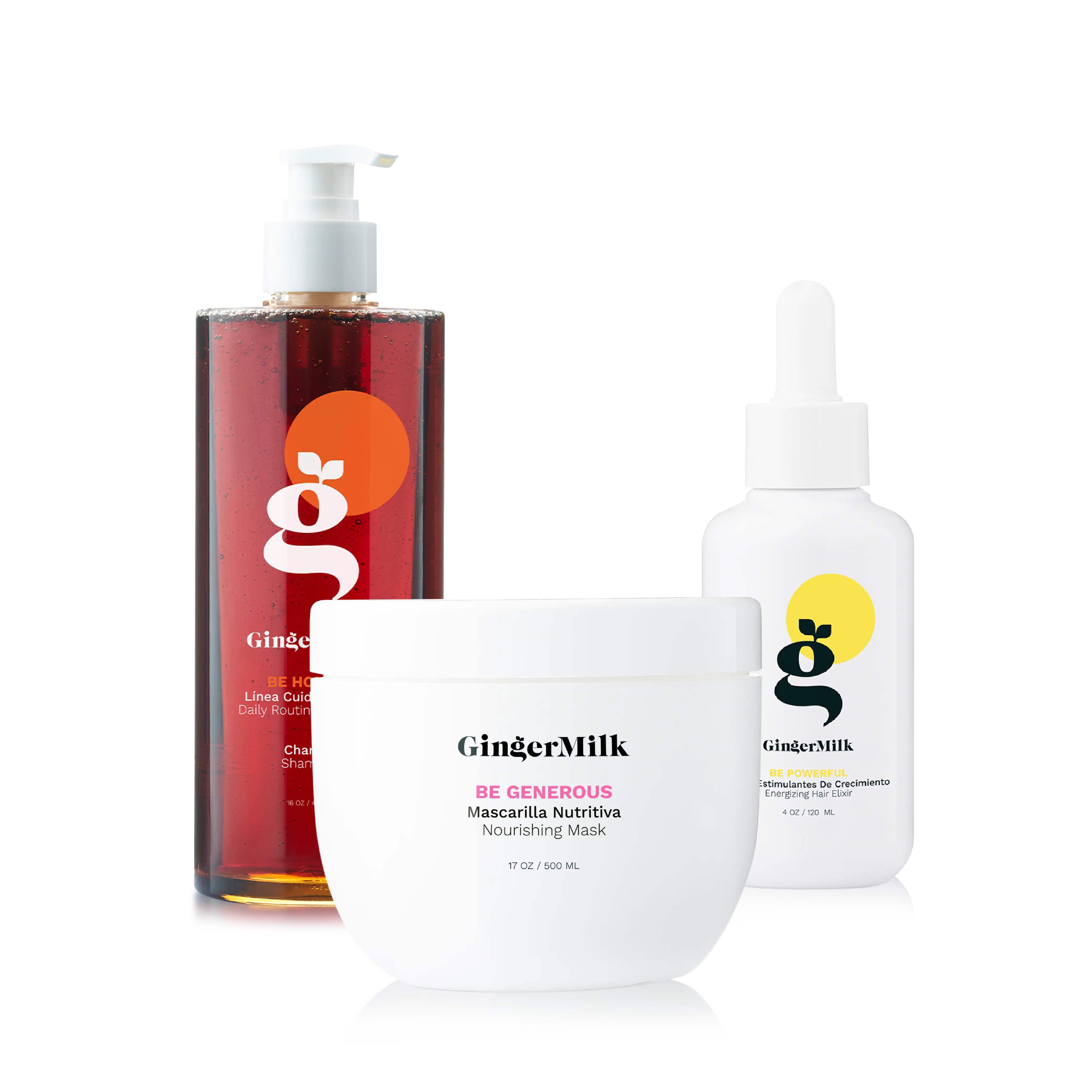 Scalp Strengthening Kit | Be Honest Shampoo 16 oz + Be Generous Mask 17 oz + Be Powerful Dropper 4 oz | Fortifying & Nourishing Care for Weak, Fine & Thinning-Looking Hair | Ginger Milk