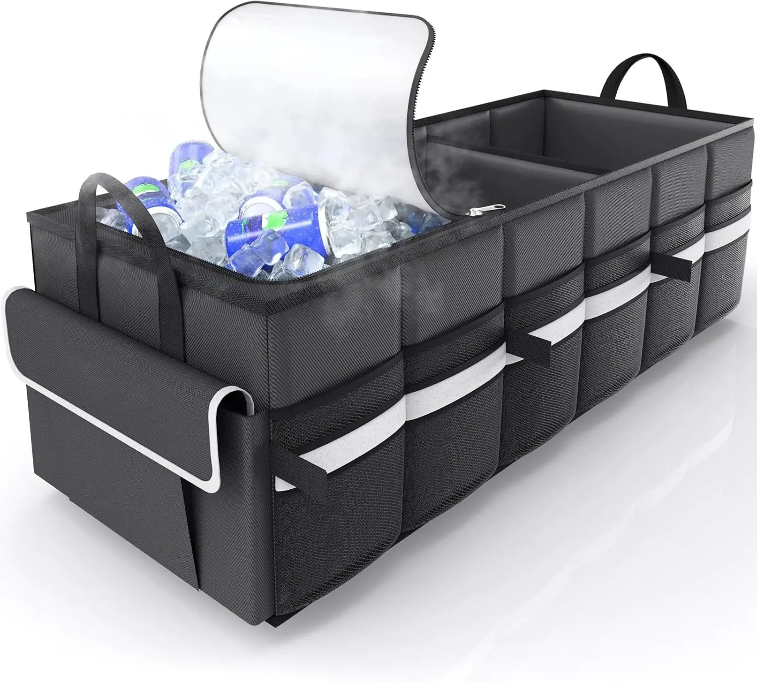 Trunk Organizer -  Organizer with Built-In Leakproof  Cooler, Collapsible Trunk Organizer with Cooler for , SUV, Sedan, with Base Panel (3 Compartments, Black),31.9"12.6"10.6"