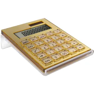 Acrylic Calculator with Stand, Battery and Solar Hybrid Powered Basic Calculator 12-Digit LCD Display,Home Office Desktop Accessories(Gold)