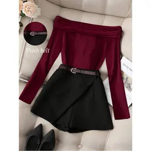 Casual Chic Commute Versatile Black One-Shoulder Ruched Long Sleeve Top Paired With Khaki Shorts/Skirt With Belt, Women 2-Piece Suit Set, Spring/Autumn