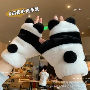 Winter Warm Women's Gloves Student Plush Half Finger Cartoon Cute Fleece-lined Thickened Panda Black White Mittens