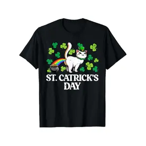 Unisex Loose Fit Graphic Short-Sleeve Round Neck Streetwear T-Shirt - Funny Cat & Irish Punctuation Saint Patrick's Day Top - St. Patty's, Graduation Gift (Shirt Only) Casual Tshirt