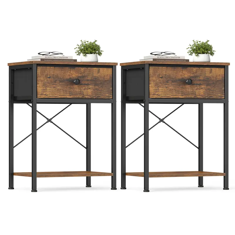 SONGMICS Industrial Rectangular Bedside End Tables Set of 2 - Steel Frame, Functional Table with Drawers, Lower Shelf, Installation Kits Included, Smart Nightstand Living Room & Bedroom Furniture Set for Room Decor