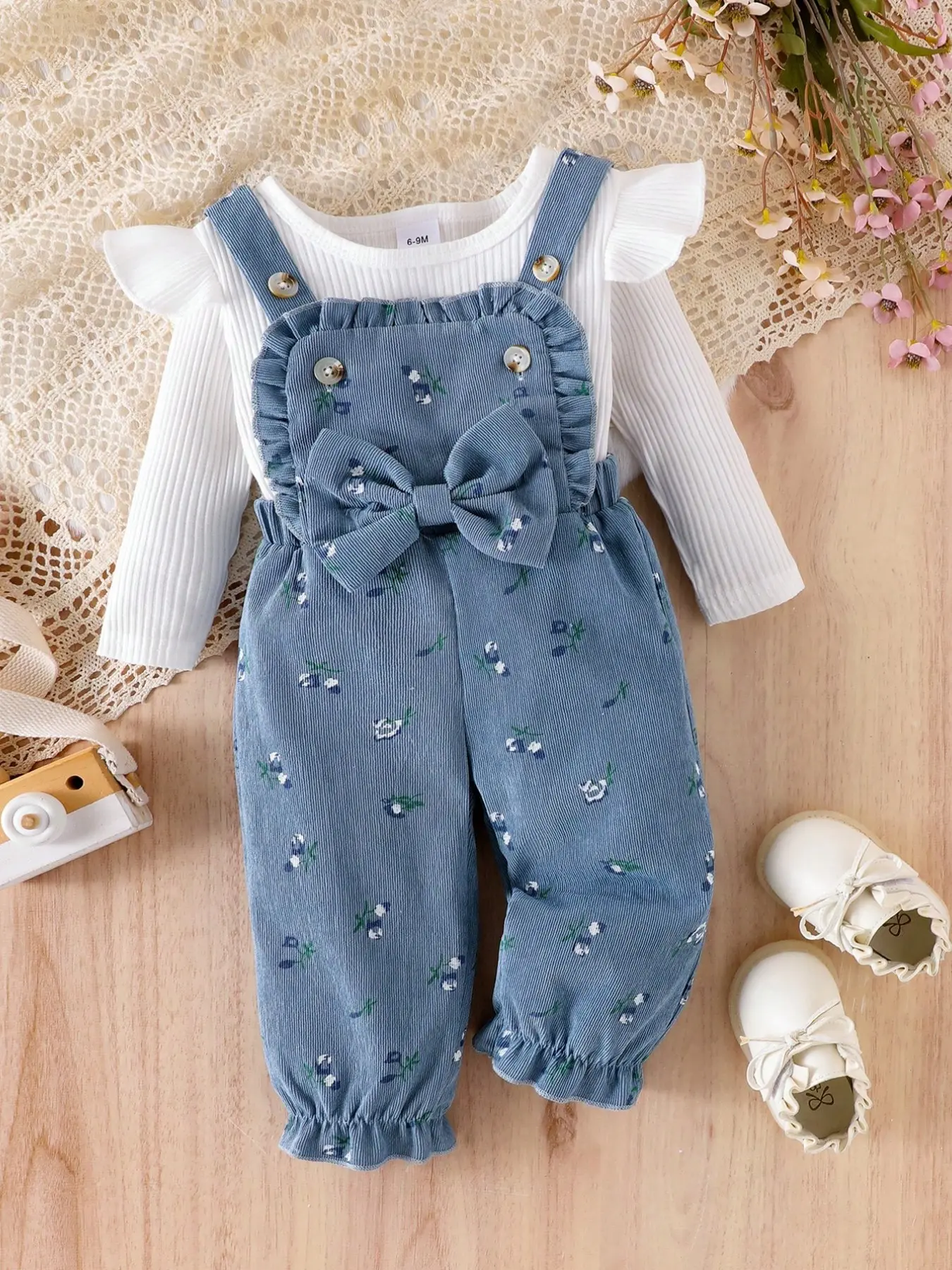 Baby Girls Cute Casual 2-Piece Set, Long Sleeve Slim-Fit Top and High Waist Pants, Bow Design, Spring & Fall Clothing, Baby Girl Clothes