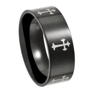 Men's Black Stainless Steel Cross Ring with Silver-Toned Crosses | 8mm