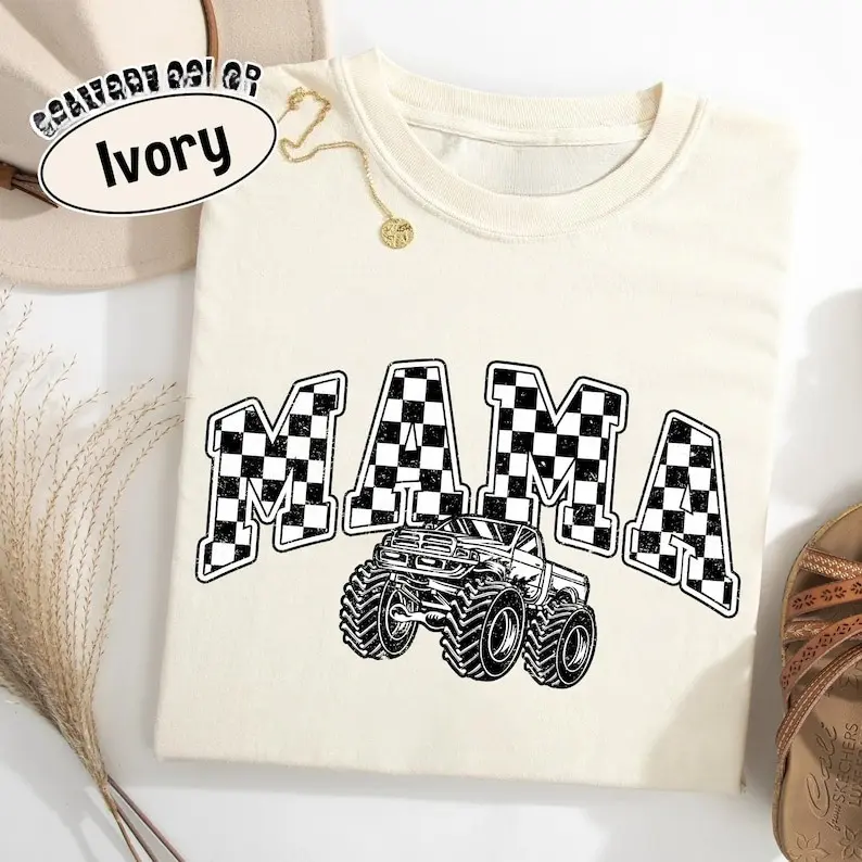 Monster Truck Mama Shirt, Oversized Checkered Mom T-Shirt, Trendy Truck Lover Tee, Monster Truck Birthday Gift for Her Crewneck Women Tshirt