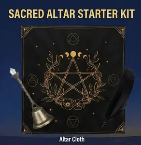 Sacred Wiccan Altar Starter Kit - Gold-Stamped Altar Cloth, Hand Bell & Ritual Feather