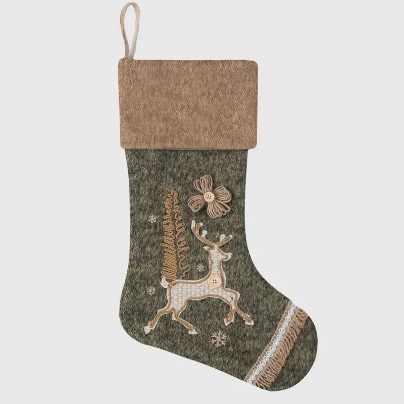 Christmas Stocking with Embroidered Deer and Snowflake Design Green Felt Material Festive Holiday Decor