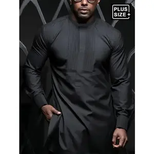 Plus Size Men's Black Pleated Dashiki Set, Long Sleeve, Elastic Waist Pants, African Style Casual Suit, Shirt & Trousers Set, Suitable For Party, Date, Everyday Wear