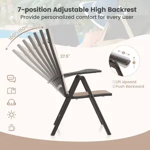 COSTWAY - 1 Piece Patio Folding Dining Chairs with 7-Level Adjustable High Backrest-Coffee