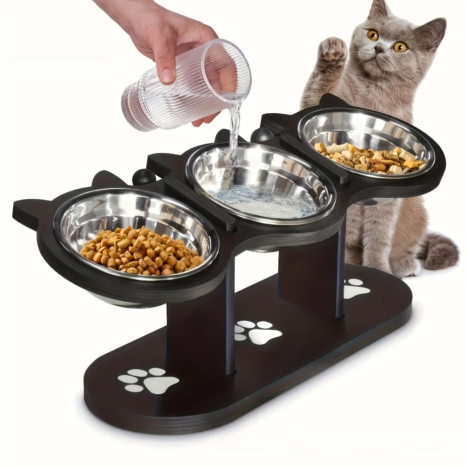 Adjustable 15 Degree Tilt Cat Bowl, 1 Set 3 Stainless Steel Bowls Detachable Pet Feeder, Elevated Slow Dry Food Feeder, Drinking Water Bowl, Pet Suppl