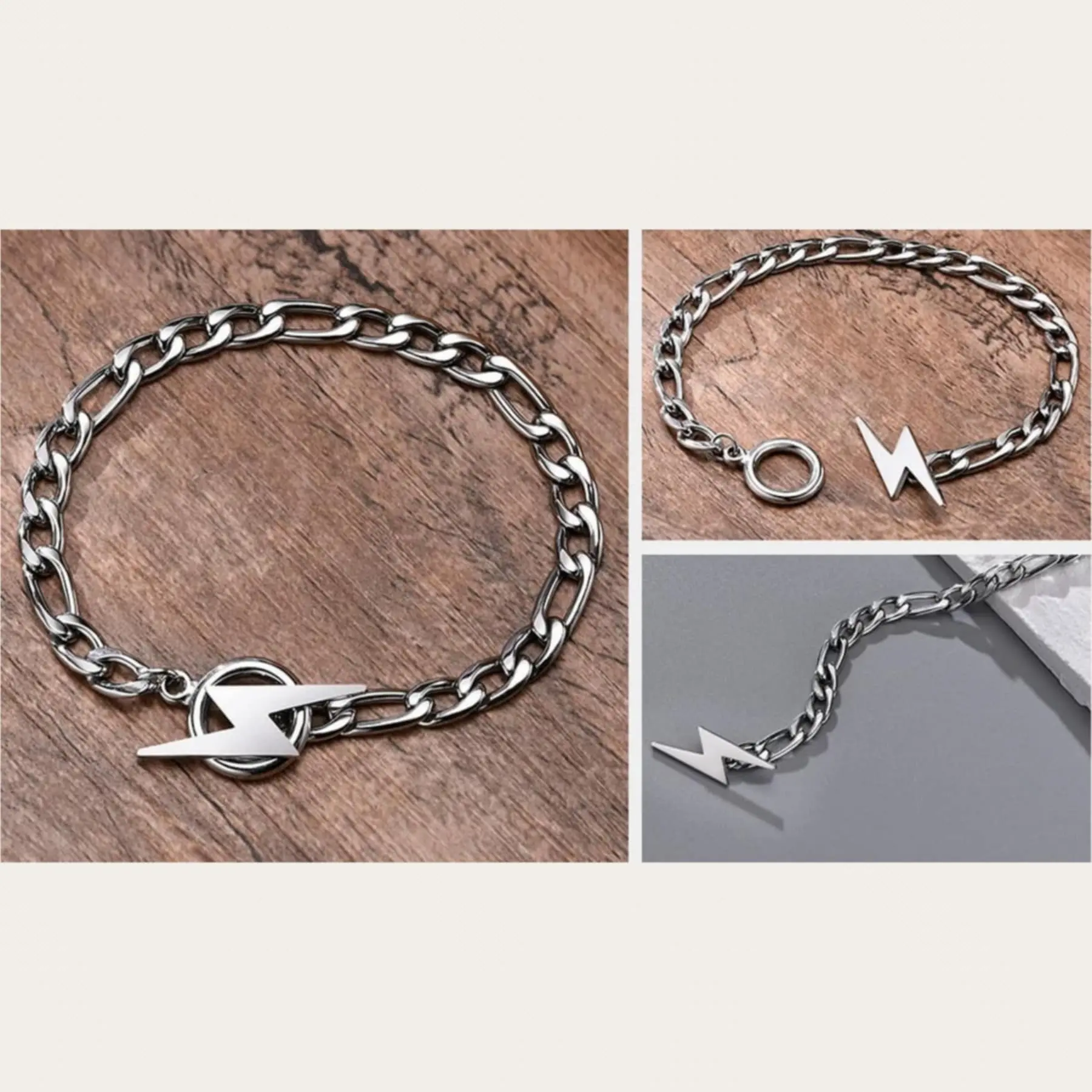Quality 4MM Stainless Steel Figaro Link Super Lightning Bolt Pendant Power Bracelet (20cm)