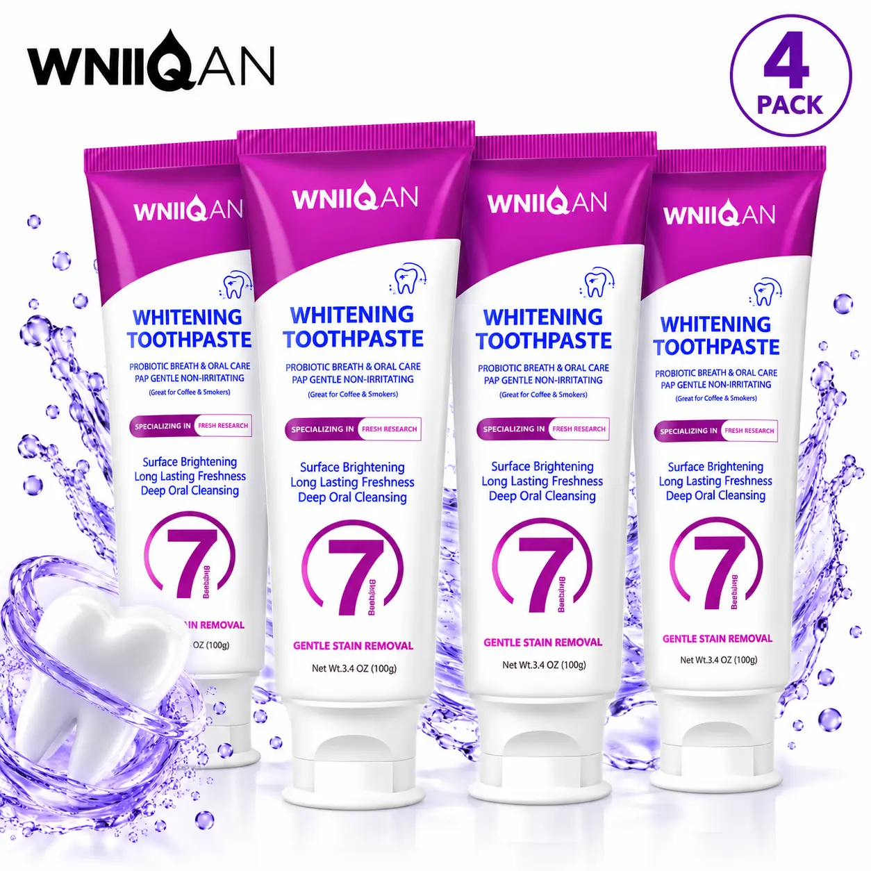 WNIIQAN Purple Toothpaste 4 Pack, Daily Oral Care, Gentle Formula for Everyday Use