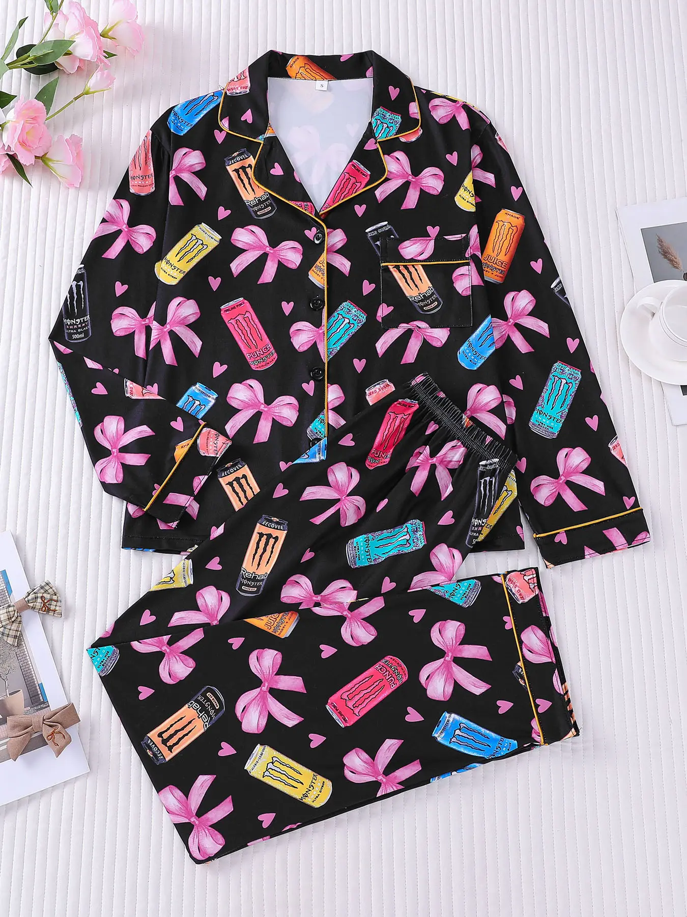 2 PCS Set Women's Heart Bow and Can Print Long Sleeve Top with Pockets and Pants Set, Casual Loose Fit Nightwear, Homewear, All Seasons, Comfortable Soft Skin-Friendly Elastic Waist Pajama Loungewear Pjs Pyjamas