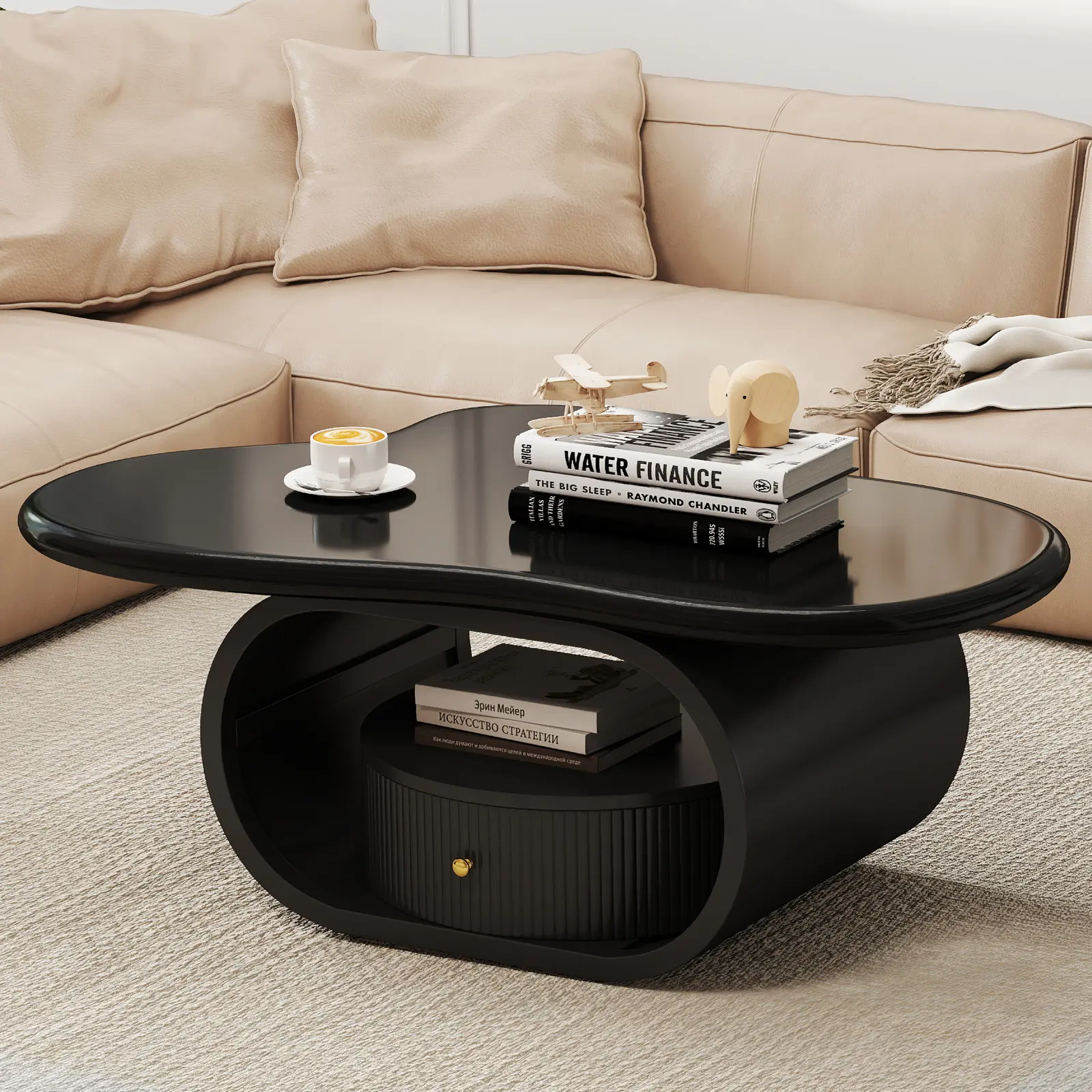 39" Irregular Cloud Coffee Table with Storage Drawer, MDF Top, Curved Metal Base - Modern Living Room Indoor Furniture for Office, Apartment
