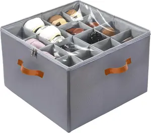 Shoe Organizer for Closet, Shoe Storage Bin, Fits 16 Pairs, Fabric Container with Handles and Clear Cover, Adjustable Dividers