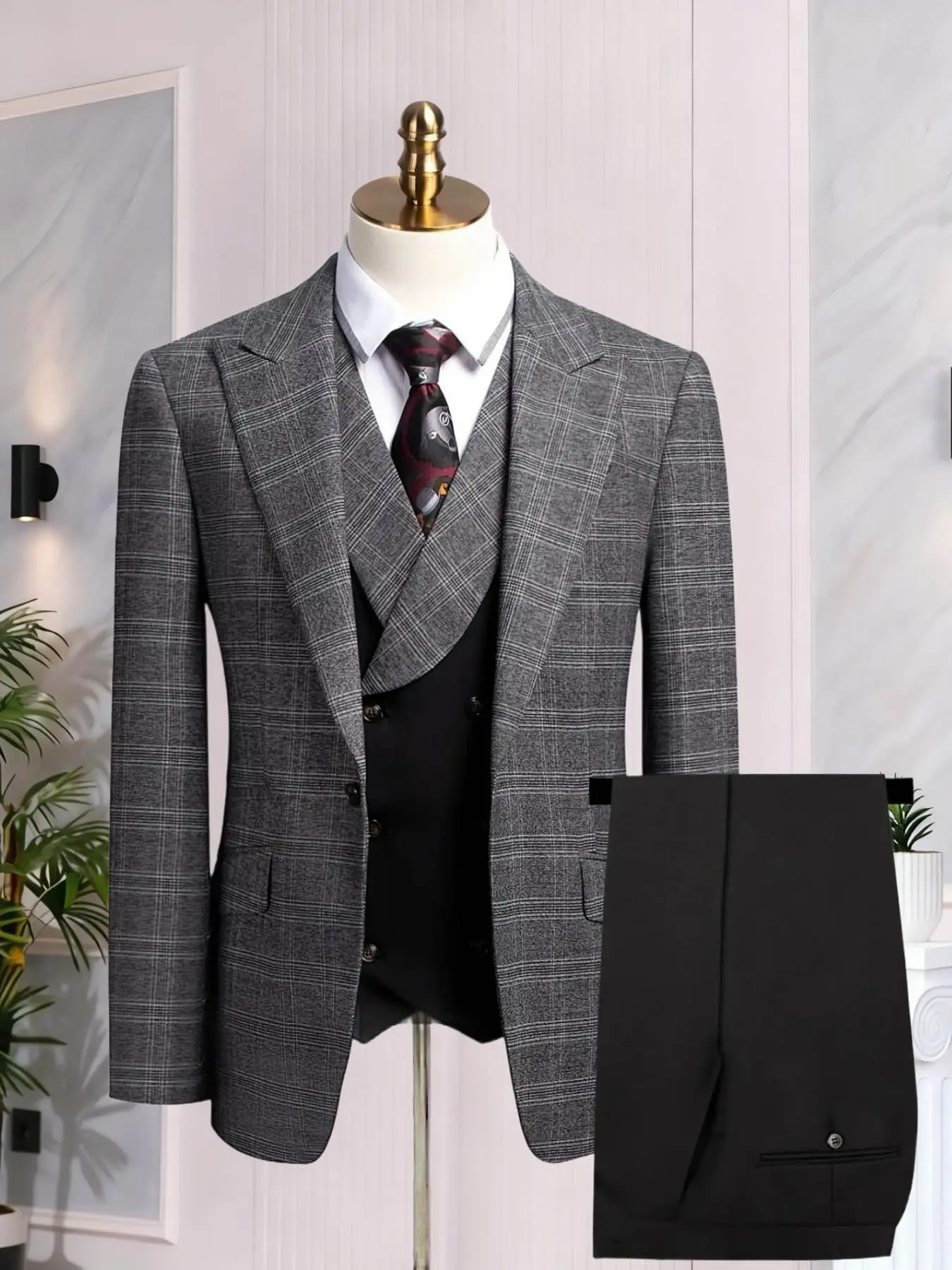 Elegant Men'S 3pcs Plaid Suit - Slim Fit Classic Long Sleeve Tuxedo Set for Weddings & Formal Occasions, Suit & Pants, Perfect for Office Meetings and Elegant Events, Formal Attire|Slim Fit Suit|Durable Wedding Wear