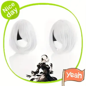 A Unisex Anime Wig In Silvery White With Short Bob Hairstyle And Bangs, Suitable For Both Men And Women. Perfect For Parties, Gatherings, And Role-playing.