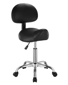 Ergonomic Saddle Stool With Back Support And Wheels - Height Adjustable Rolling Saddle Chair In Thickened PU Leather, Swivel Design, 450 Lbs Weight Capacity, Suitable For Salon, Spa, Massage, Tattoo, Black