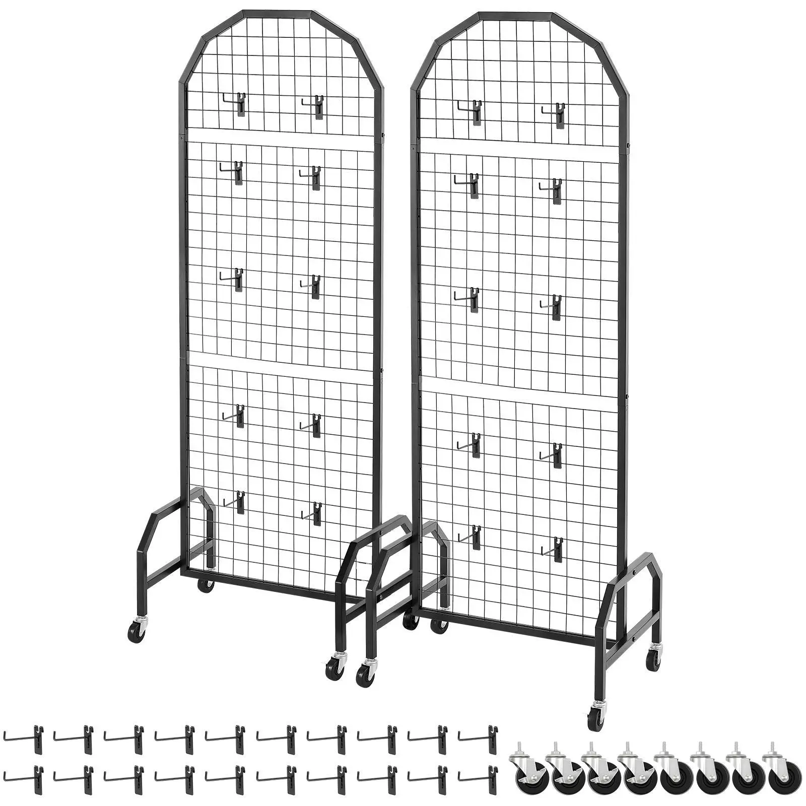 2 Pack Black Carbon Steel Wire Grid Panel Display Rack Organiser with Rubber Wheels, 20 Hooks - 1.9x5.4 ft