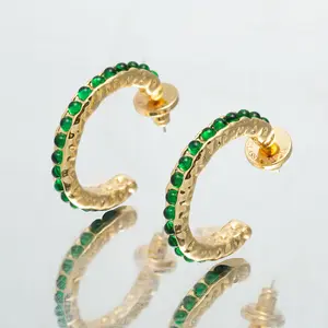 Serena Gold Molten Emerald Gemstone Hoop Earrings - 18k Gold Plated Brass, Diameter 3.8cm, Hypoallergenic 925 Silver Posts