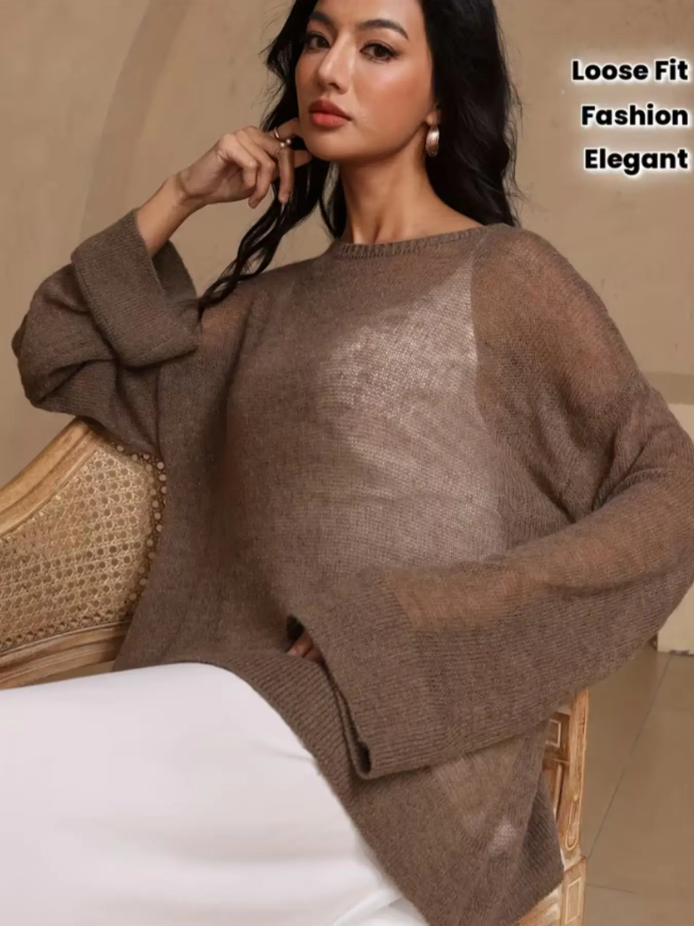 New Hollow Out Transparent Sheer Dreamy Knit Sweater, Loose Fit Baggy Long Sleeve Top, Casual Style, Basic, Chic, Pure Color, Solid, Summer Women's Thin Round Neck Tee Shirt, Knitwear