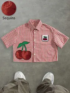 Unisex Korean Retro Plaid Sequin Cherry Short Shirt, Front Dual Cherry Design, Loose Fit, Casual Style, Streetwear & Vacation Wear