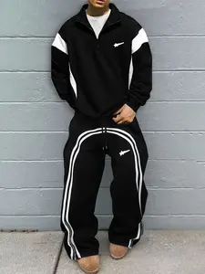 Men's Street Style Colorblock Sports Set, Half-Zip Stand Collar Top & Wide-Leg Striped Pants, Casual Cool Two-Piece Streetwear Tracksuit Set
