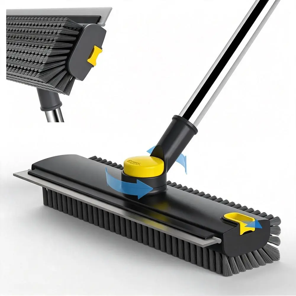 360 Multi-Angle Rotatable 3-in-1 Bathtub Floor Scrub Brush Adjustable Stainless Steel Rod Squeegee Attached, Durable Rigid Stiff Bristle Scrubber Daily Household Cleaning Supply for Bathroom Patio Garage Kitchen Wall Pool Balcony Deck Black&Yellow