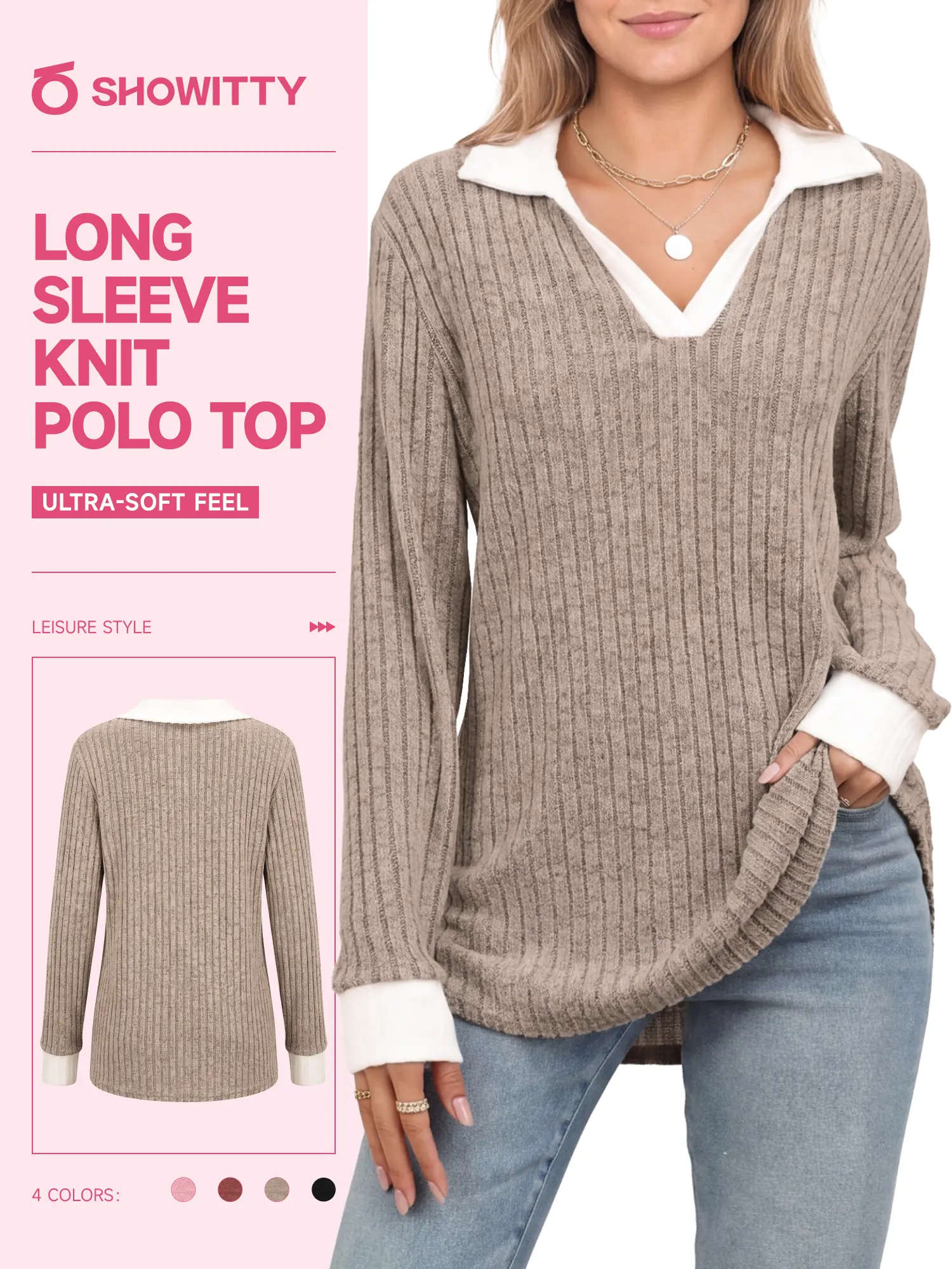 SHOWITTY Women's Long-Sleeve Knitted Blend Polo Shirt - Chic Contrast Collar, Smooth Everyday Fabric, Flexible Stretch, Flattering Fit Casual Knitwear Pullover Top