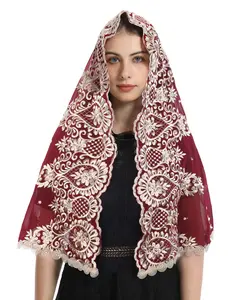 Mantveil Catholic Church Veils for Women: Vintage Red Gold Floral Embroidered Chiffon Mantilla Chapel Veil Latin Mass Head Covering