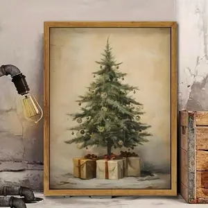 Vintage Christmas Tree Canvas Print Poster with Wooden Frame, Modern Wall Art Unique Artwork for Living Room Home Decor, Retro Candy Cane Design