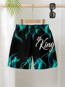 Boys' Summer Breathable 3D Printed Shorts, Crown Flame Theme Gradient Drawstring Casual Half-Length Pants