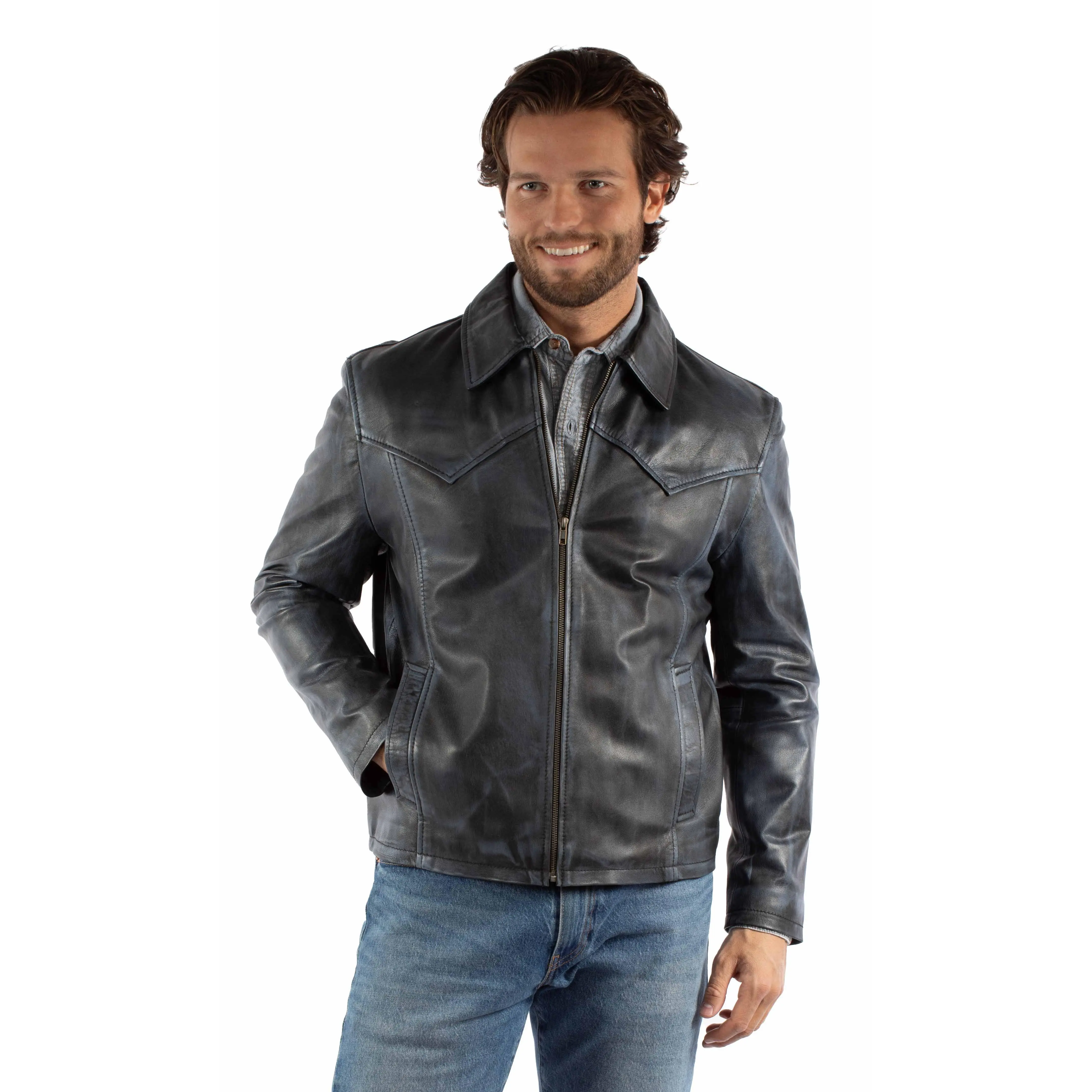 Men's Distressed Cowhide Leather Jacket, Vintage Western Zip-Front Style with Classic Yokes and an Authentic Look, Vibe, Clothes, Long-Lasting, Multiple Pockets, Western Silhouette With Front And Back Yokes, Coats, Tops, Full-Zip, Rugged Look, Yoke Detail