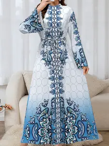 Luxurious Arabic Long Dress, Woven Middle Eastern Style Sleeveless Maxi Dress, Elegant Floral Print, Loose Fit