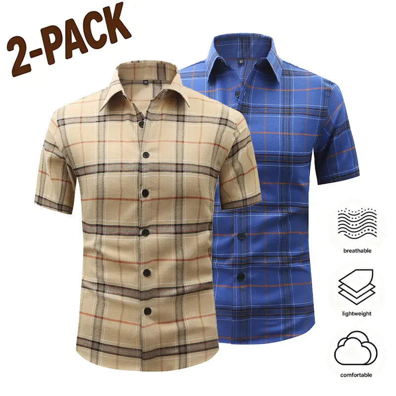 Men’s Classic Plaid Short-Sleeve Shirt, 2-Pack — Lightweight, Breathable Summer Retro Casual Versatile Turn-Down Collar Checkered Shirts