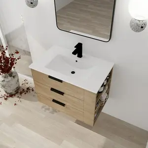 Bathroom Vanity with Sink, Wall Mounted Bathroom Vanity with White Ceramic Basin, 3 Drawers & Open Shelf, Maple Floating Vanity Bathroom for Small Space Apartment 30 Inch