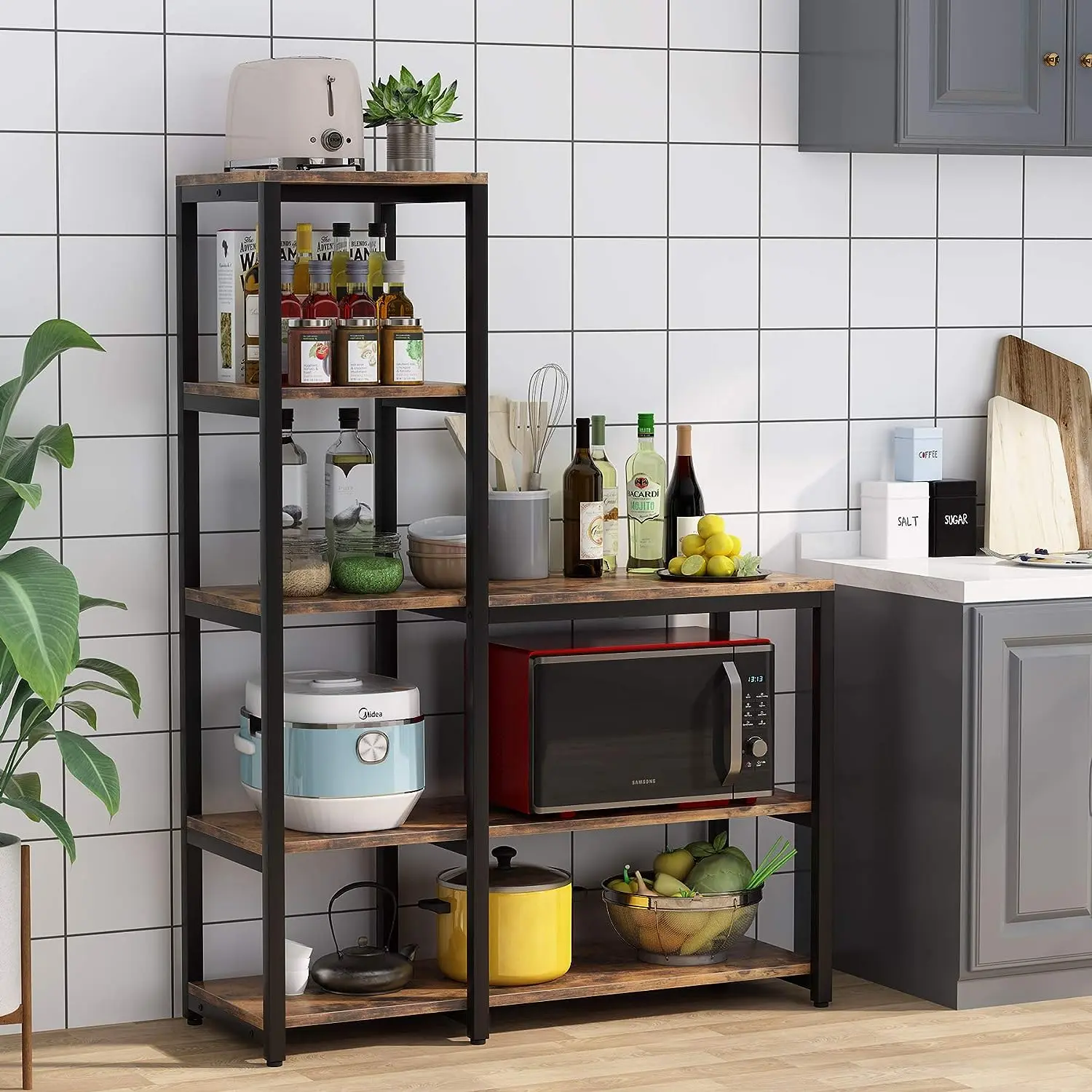 Tribesigns 5-Tier Kitchen Bakers Rack with Utility Storage Shelf, Freestanding Microwave Oven Stand for Kitchen, Dining Room Metal Organiser Adjustable Pad