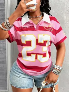 Women's Casual Street Fashion Digital Print Short Sleeve T-Shirt, Colorblock Striped Design, Soft Comfortable Polo Neck Summer Top, Streetwear