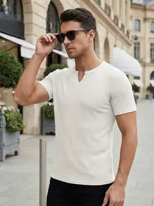 Men's Spring Summer Outfits Solid Vertical Striped V Neck Short Sleeve Pullover T-Shirt for Gym Tees, Gym Wear, Gym Ready, Classic Old Money Style, Casual Sport Daily Wear, Essential for Man‘s Wardrobe.