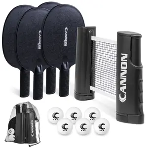 Cannon Sports Table Tennis Set – 4 Unbreakable Paddles, 6 3-Star Balls, Retractable Net & Carry Bag – Clamp-On Portable Ping Pong Net Fits Tables up to 2 Inch Thick, Extends to 6 Feet