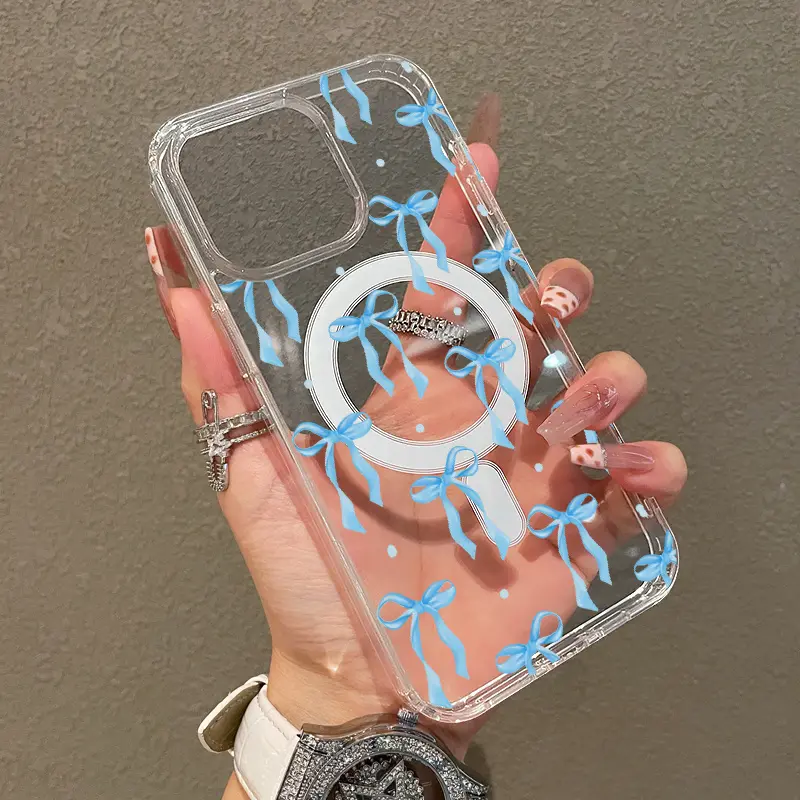 Girly Chic Blue Bow MagSafe Phone Case for iPhone 17 Pro Max/16/16e/15/14 Plus/13/12/11/X/XS, 2D Printing Acrylic Back, TPU Thin Frame, Soft Silicone-Enhanced Shockproof Anti-Fall Waterproof Cover, Ultra-Thin Shell, Valentine's Day Gift Accessory, Accesso