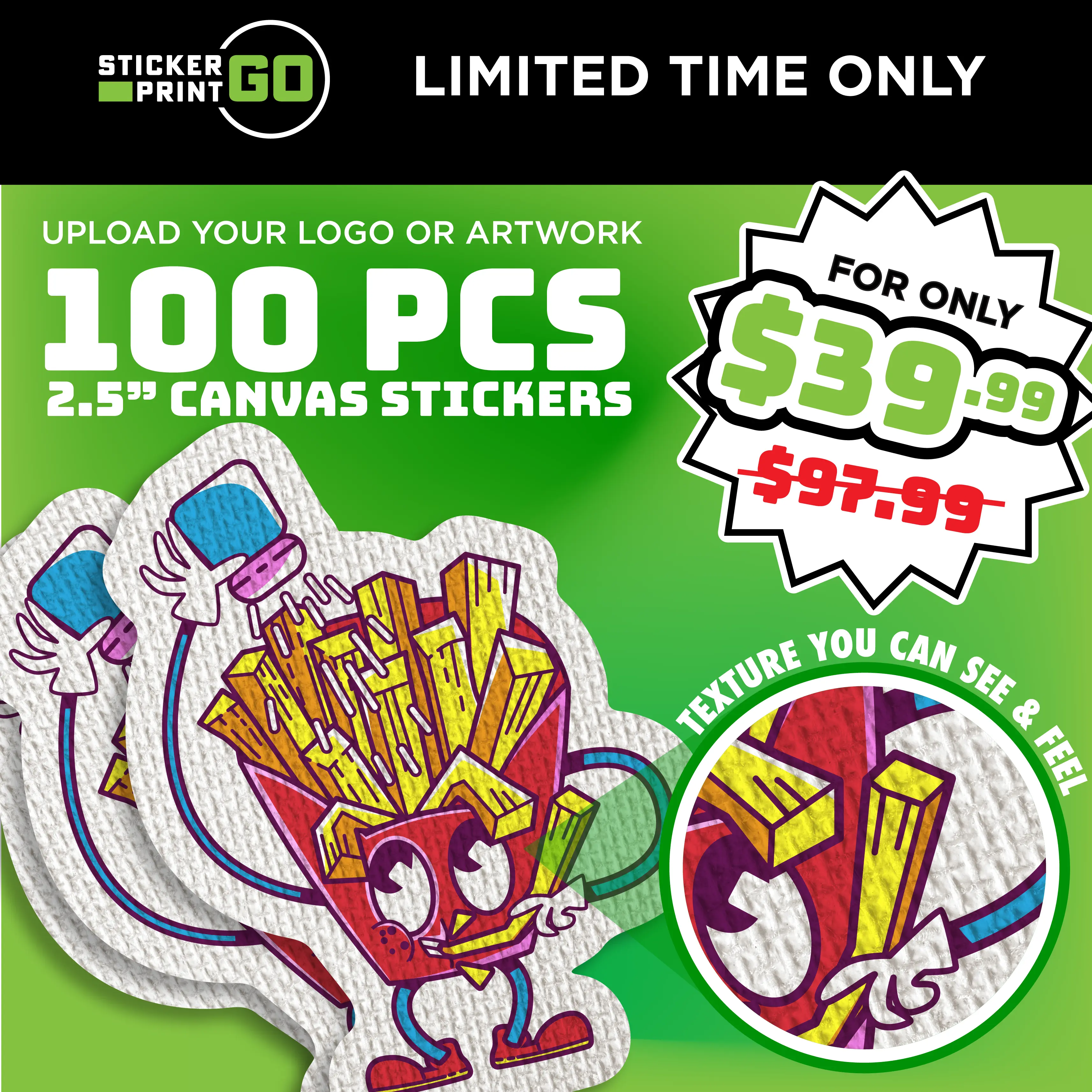 Custom 100pcs 2.5" Canvas Stickers for $39.99
